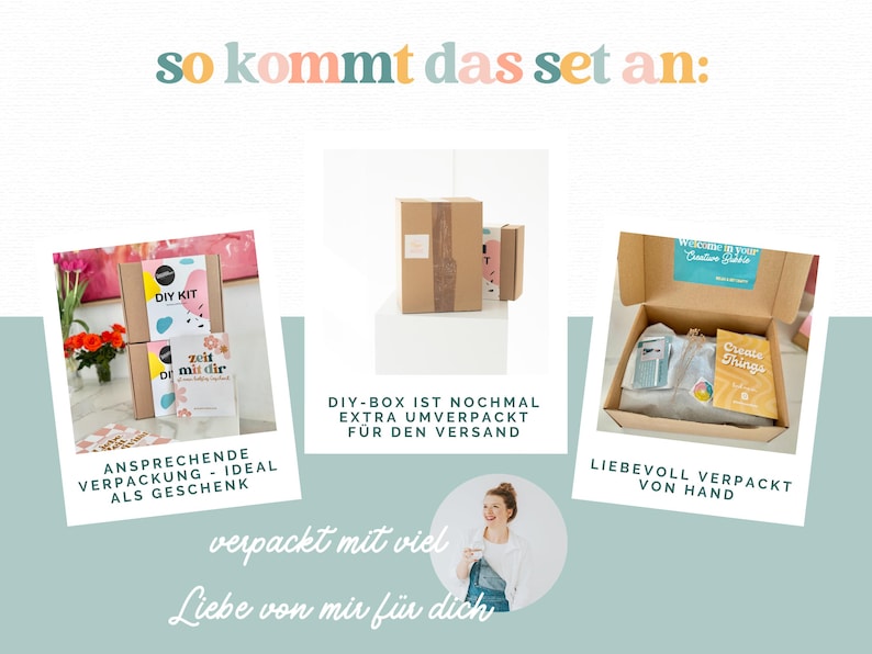 Puede incluir: Un collage que muestra un kit de manualidades en una caja de cart&oacute;n con etiquetas coloridas, una caja de env&iacute;o y una caja abierta con materiales, papel de seda y una tarjeta que dice Create Things. El texto incluye so kommt das set an y verpackt mit viel Liebe.