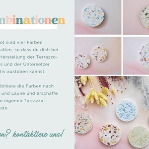 May include: A collection of terrazzo coasters in various colors, including white, blue, green, and red, with a speckled design. The image also features text in German: "Kombinationen".
