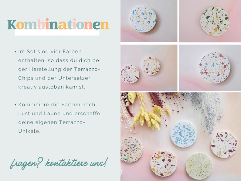 May include: A collection of terrazzo coasters in various colors, including white, blue, green, and red, with a speckled design. The image also features text in German: "Kombinationen".