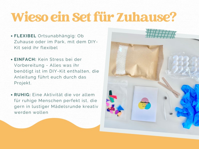 Peut inclure: Un kit de loisirs cr&eacute;atifs comprenant un sachet en papier kraft rempli de granul&eacute;s blancs, un sachet plastique de formes color&eacute;es, un livret blanc avec logo, deux b&acirc;tonnets en bois, deux m&egrave;ches, un sachet de billes blanches et des gants bleus.