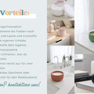 Puede incluir: Un conjunto de recipientes redondos y acanalados en blanco, rosa, verde, terracota y negro. La imagen incluye texto en alem&aacute;n que enumera beneficios como la facilidad de uso, colores personalizables y material para dos cuencos.