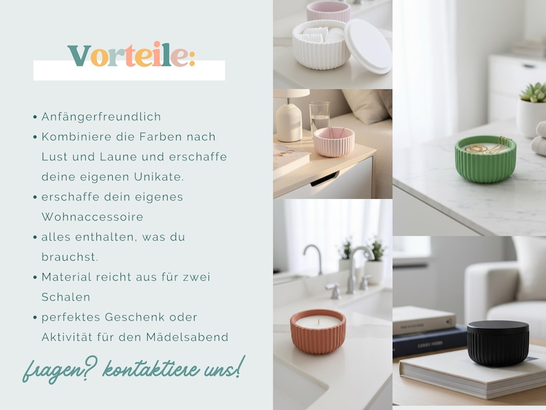 Puede incluir: Un conjunto de recipientes redondos y acanalados en blanco, rosa, verde, terracota y negro. La imagen incluye texto en alem&aacute;n que enumera beneficios como la facilidad de uso, colores personalizables y material para dos cuencos.
