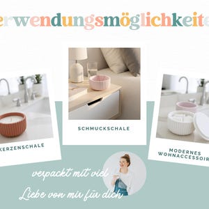 Puede incluir: Un collage de tres im&aacute;genes que muestra recipientes redondos y acanalados en terracota, rosa y blanco. El texto dice "verwendungsm&ouml;glichkeiten", "kerzenschale", "schmuckschale", "modernes wohnaccessoire" y "verpackt mit viel Liebe von mir f&uuml;r dich".