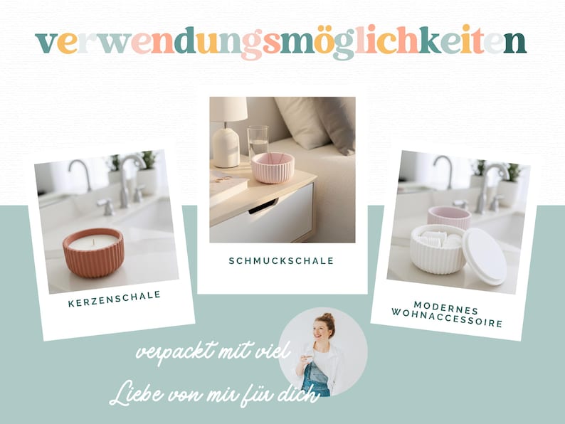 Puede incluir: Un collage de tres im&aacute;genes que muestra recipientes redondos y acanalados en terracota, rosa y blanco. El texto dice "verwendungsm&ouml;glichkeiten", "kerzenschale", "schmuckschale", "modernes wohnaccessoire" y "verpackt mit viel Liebe von mir f&uuml;r dich".
