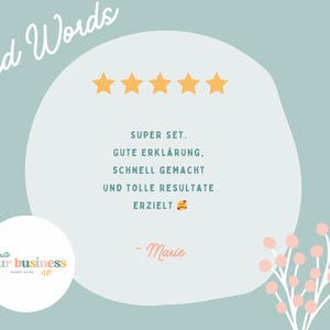 May include: A light teal background with the words "Kind Words" in a script font. A white oval contains text and five gold stars. A logo and floral design are also present.