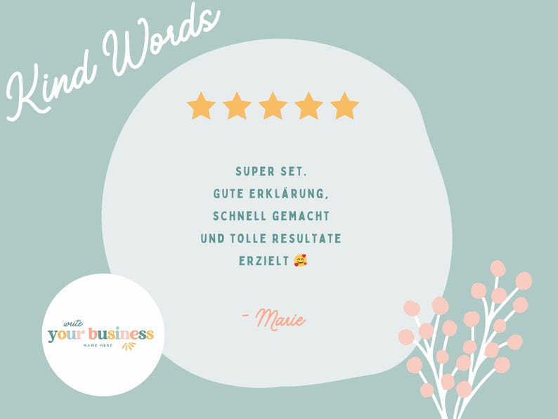May include: A light teal background with the words "Kind Words" in a script font. A white oval contains text and five gold stars. A logo and floral design are also present.