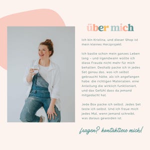 May include: A smiling person wearing a white shirt and denim overalls, holding a small glass. The text "&uuml;ber mich" is at the top, with additional text below. The background has a peach and white color scheme.