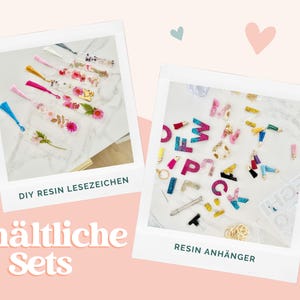 Peut inclure: Deux cadres de style polaro&iuml;d pr&eacute;sentant des cr&eacute;ations en r&eacute;sine. Le cadre de gauche montre des marque-pages rectangulaires avec des fleurs s&eacute;ch&eacute;es et des pompons color&eacute;s. Le cadre de droite montre des breloques en r&eacute;sine en forme de lettres.