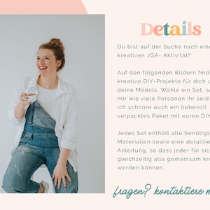Peut inclure: Une personne avec les cheveux en chignon portant une chemise blanche et une salopette en jean bleu, tenant un verre d'eau transparent. L'image contient du texte en allemand : Details, Du bist auf der Suche nach einer kreativen JGA- Aktivit&auml;t, fragen? kontaktiere mich!