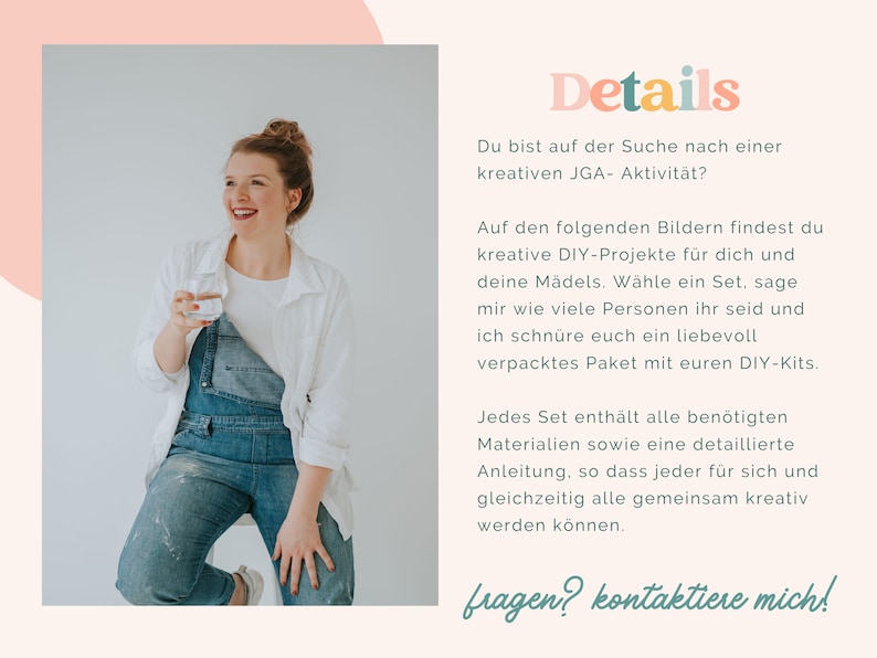 Peut inclure: Une personne avec les cheveux en chignon portant une chemise blanche et une salopette en jean bleu, tenant un verre d'eau transparent. L'image contient du texte en allemand : Details, Du bist auf der Suche nach einer kreativen JGA- Aktivit&auml;t, fragen? kontaktiere mich!
