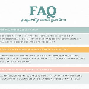 Peut inclure: Un graphique informatif avec le titre FAQ frequently asked questions en sarcelle. Il pr&eacute;sente trois sections avec des barres color&eacute;es en sarcelle, jaune et rose clair, contenant chacune du texte allemand r&eacute;pondant aux questions sur les kits DIY.