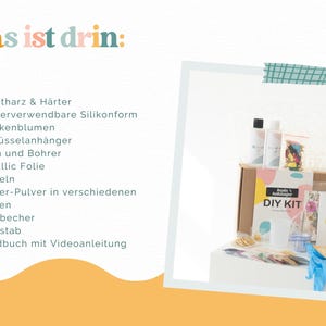 May include: A resin DIY kit containing resin and hardener bottles, a silicone mold, dried flowers, keychains, eyelets, a drill, metallic foil, tassels, glitter powder, mixing cups, a stirring rod, gloves, and a manual with video instructions.