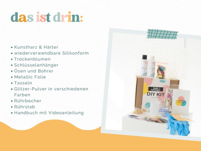 May include: A resin DIY kit containing resin and hardener bottles, a silicone mold, dried flowers, keychains, eyelets, a drill, metallic foil, tassels, glitter powder, mixing cups, a stirring rod, gloves, and a manual with video instructions.