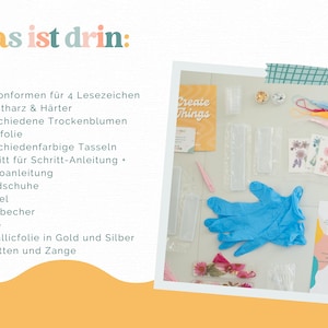 May include: A craft kit for making bookmarks, featuring silicone moulds, resin, dried flowers, gold foil, tassels, instructions, gloves, a spatula, mixing cups, a file, metallic foil, and pipettes. The items are arranged on a white surface, with the text 'Create Things'.