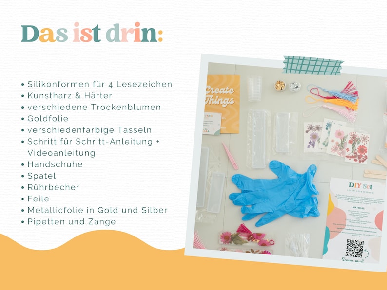 May include: A craft kit for making bookmarks, featuring silicone moulds, resin, dried flowers, gold foil, tassels, instructions, gloves, a spatula, mixing cups, a file, metallic foil, and pipettes. The items are arranged on a white surface, with the text 'Create Things'.