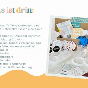 May include: A DIY kit with materials for terrazzo coasters and an oval form. Includes five color options, three silicone molds, a wooden spatula, mixing cups, sandpaper, gloves, a coated base, and instructions. The kit is presented in a cardboard box.