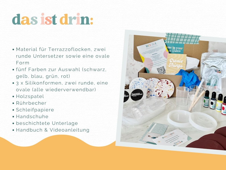 May include: A DIY kit with materials for terrazzo coasters and an oval form. Includes five color options, three silicone molds, a wooden spatula, mixing cups, sandpaper, gloves, a coated base, and instructions. The kit is presented in a cardboard box.