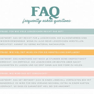 May include: A teal graphic with the text "FAQ frequently asked questions". The graphic includes questions and answers about a product, including how many items the set makes, and how long it takes to cure.