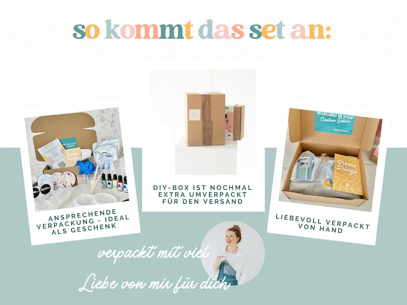 May include: Image of three boxes containing craft kits. One box is open, displaying craft supplies. Text includes "so kommt das set an:" and "DIY-BOX IST NOCHMAL EXTRA UMVERPACKT F&Uuml;R DEN VERSAND."