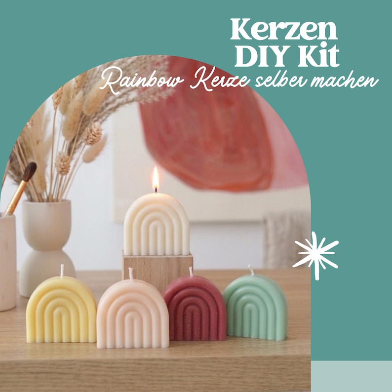 May include: A DIY candle kit featuring five rainbow-shaped candles in yellow, peach, dark pink, mint green, and white. The white candle is lit and sits on a wooden block. The text reads Kerzen DIY Kit and Rainbow Kerze selber machen.