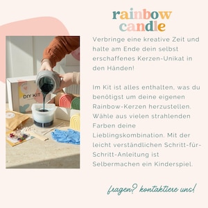 May include: A DIY candle making kit featuring a white box labeled DIY KIT, a pouring pitcher with dark wax, a silicone mold, blue gloves, wooden sticks, and small bags of decorative items. The text reads rainbow candle and fragen? kontaktiere uns!