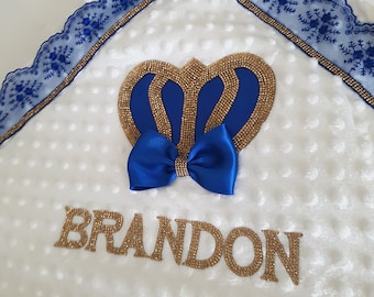Personalized Royal Blue And Gold Baby Boy Blanket with Big Royal Crown