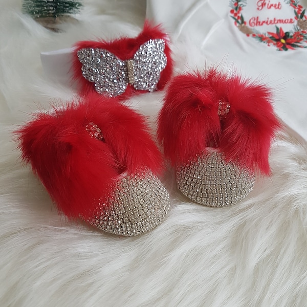 Red Baby Girl Shoes, Festive Baby Girl Shoes, Red Faux Shoes With Headband, Red Christmas Shoes, Baby's First Shoes, Christmas Photo Outfit