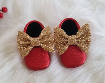 Red and Gold Baby moccasin, Red Christmas Baby Shoes, First Christmas, First Christmas Gift, Christmas Baby Gift, Baby Christmas Outfit Girl