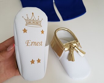 Sapatos de Batismo, Sapatos de Primeiro Aniversário, Sapatos de Bebê Personalizados, Sapatos de Bebê Brancos e Dourados, Sapatos de Batismo, Presente de Batismo, Presente de Primeiro Aniversário