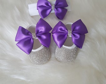 Baby Girl Shoes, Baby Crib Shoes, Purple and Silver Baptism Shoes, Princess Baptism, Baby Girl First Shoes, Violet Baby Shower gift