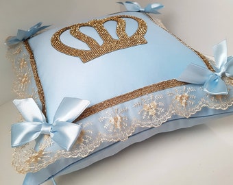 Blue and Gold Baby Pillow, Baby Pillow, Kids Pillow, Prince Crown Pillow, Nursery Room Decor, Prince Baby Shower, Baby Boy Gift