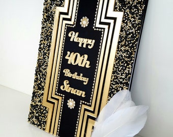 Wedding Guest Book, Ostrich Feathers Pen, Black and Gold Birthday Guest Book, Wedding Gift, Great Gatsby Party, Memory Book