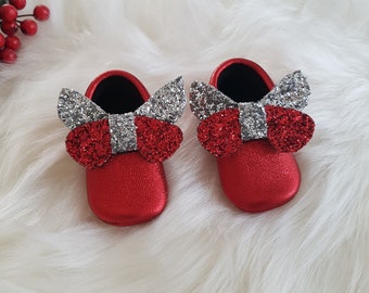 Baby Girl Red Moccasins, Red and Silver Baby Shoes, Red glitter shoes, Toddler Leather Moccasins, Baby Girl Red Dress, First Birthday Shoes