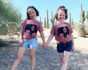 Kids Mauve Buffalo Southwestern Tee- FREE SHIPPING- Desert, Southwestern, Tribal, Native American, toddler, youth, Bison, Aztec, Cactus