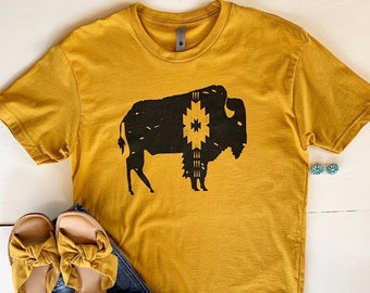Buffalo Southwestern Golden Tee- FREE SHIPPING- Desert, Southwestern, Tribal, Cacti, Unisex Shirt, Arizona, Woman's Tee, Bison, Western