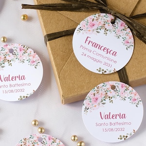 Tag Floreale Rosa Prima Comunione, Etichette Floreali Rosa Battesimo, Tag Prima Comunione Fiori Bambina, Etichette con Fiori Battesimo Bimba