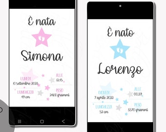 Birth Digital Announcement, Digital Announcement for Smartphone, Digital Announcement with Stars and Baby Feet