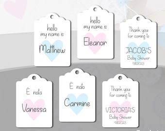 20 or more Personalized Handmade Baby Name Tag with Heart, Baby Shower Tags, Pink, Blue-Baby Shower Favor-Bag-Baby- Gift Enclosures