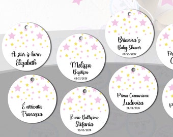 20 or more Personalized Baby Name Tags with Stars, Baby Shower Tags, First Birthday Tags