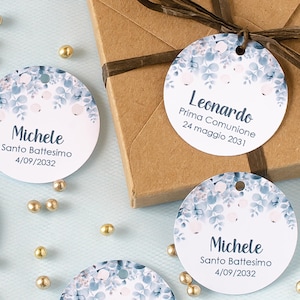 Tag Floreale Azzurro Prima Comunione, Etichette Floreali Blu Battesimo, Tag Prima Comunione Fiori Bambino, Etichette Fiori Battesimo Bimbo