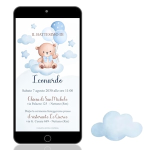 Invito Digitale Battesimo Orsetto, Invito Digitale Battesimo Bimbo, Invito con Orso e Palloncini