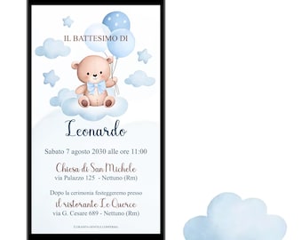 Invitación digital para bautizo con osito de peluche, Invitación digital para bautizo con niño, Invitación con osito y globos