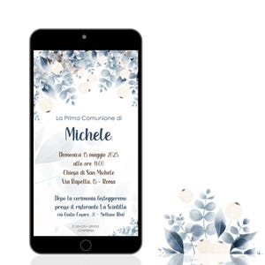Invito Digitale Fiori Prima Comunione Bambino, Invito Digitale Comunione Personalizzabile, Invito Digitale Battesimo Floreale Azzurro
