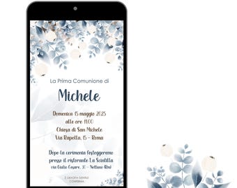 Invitación digital flores primera comunión niño, invitación digital personalizable comunión, invitación digital floral azul bautizo