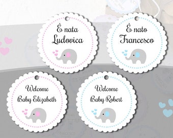 Elephant Baby Shower Favor Tags, Custom Name Baby Tags