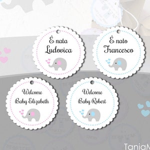 Etichette Nascita con Elefantino Personalizzabili con Nome, Tag Nascita Bimbo, Tag Nascita Bimba
