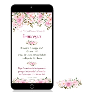 Invito Digitale Fiori Prima Comunione Bambina, Invito Digitale Comunione Personalizzabile