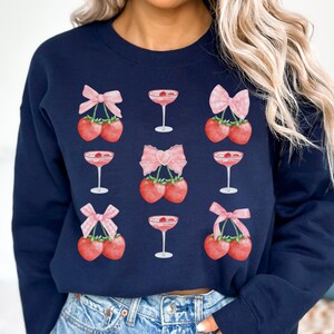 Coquette Strawberry Martini Shirt with Bow, Pink Girlie Cocktail Ribbon Sweatshirt, Berry Lover Martini Lover Gift, Bow Aesthetic Crewneck