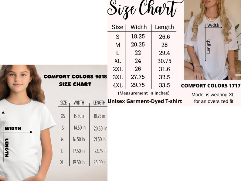 K&ouml;nnte beinhalten: Gr&ouml;&szlig;entabelle f&uuml;r Unisex-Garment-Dye-T-Shirts. Die Tabelle zeigt die Breite und L&auml;nge in Zoll f&uuml;r die Gr&ouml;&szlig;en XS bis 4XL. Die Tabelle enth&auml;lt auch ein Foto eines Models, das ein T-Shirt in Gr&ouml;&szlig;e XL tr&auml;gt.