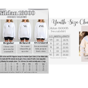 K&ouml;nnte beinhalten: Gr&ouml;&szlig;entabelle f&uuml;r Gildan 18000B Jugend-Sweatshirts. Die Tabelle zeigt die Breite und L&auml;nge in Zoll f&uuml;r die Gr&ouml;&szlig;en XS bis XL. Die Tabelle enth&auml;lt auch eine Beschreibung der Passform f&uuml;r jede Gr&ouml;&szlig;e, von figurbetont bis oversized.